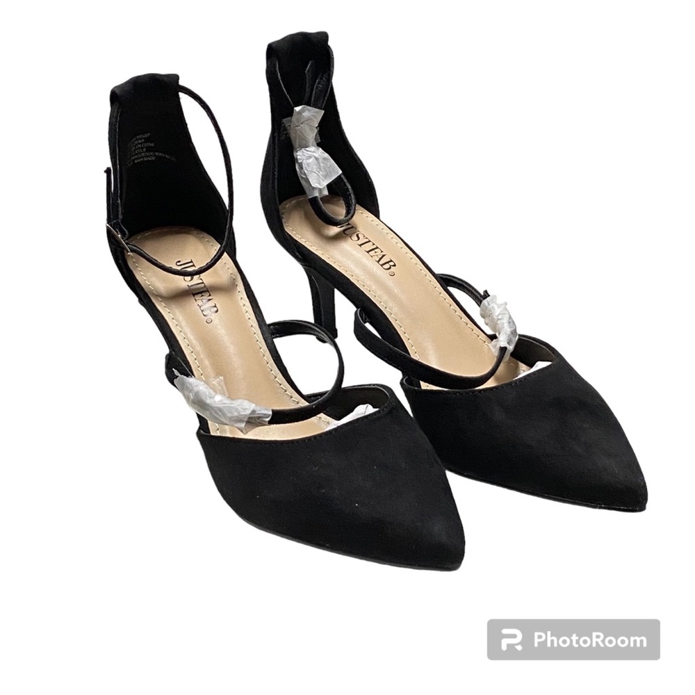 JustFab Ziia Women’s Size 6.5 Black Faux Suede Pointed Toe Ankle Strap NWT